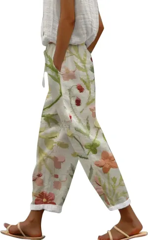 Linen Cotton Pants for Women Trendy Straight Elastic Long Drawstring Waist Casual Slit Plus Size Trousers with Pocket
