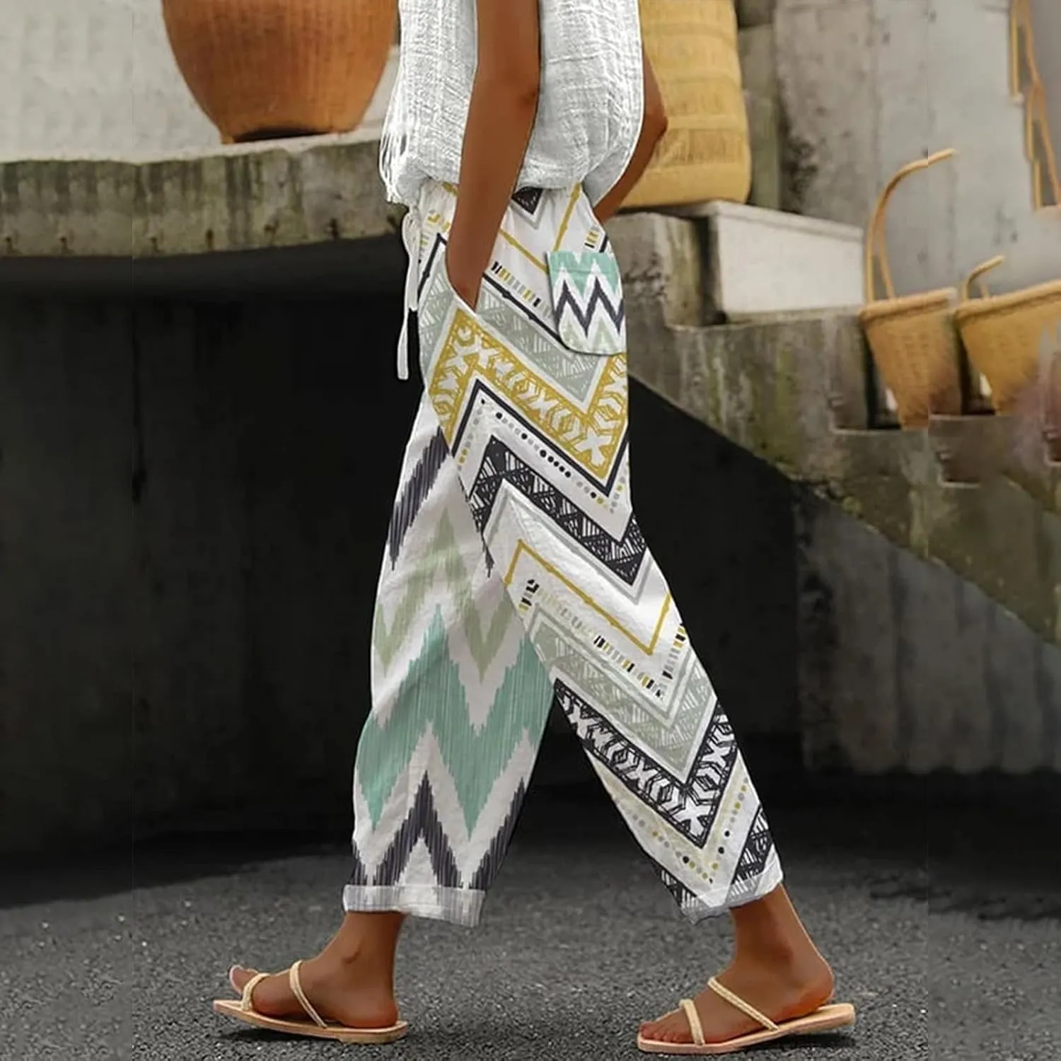 Linen Cotton Pants for Women Trendy Straight Elastic Long Drawstring Waist Casual Slit Plus Size Trousers with Pocket