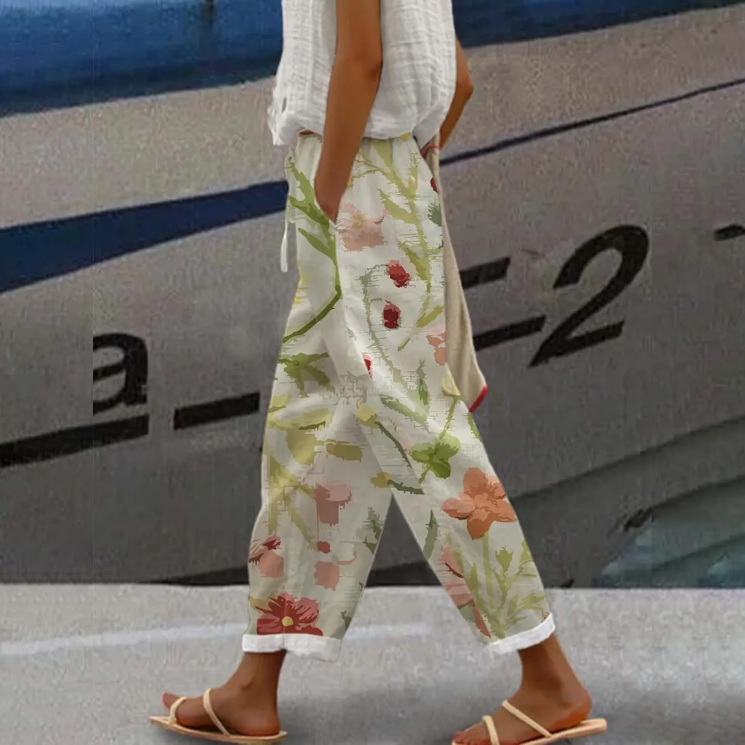 Linen Cotton Pants for Women Trendy Straight Elastic Long Drawstring Waist Casual Slit Plus Size Trousers with Pocket