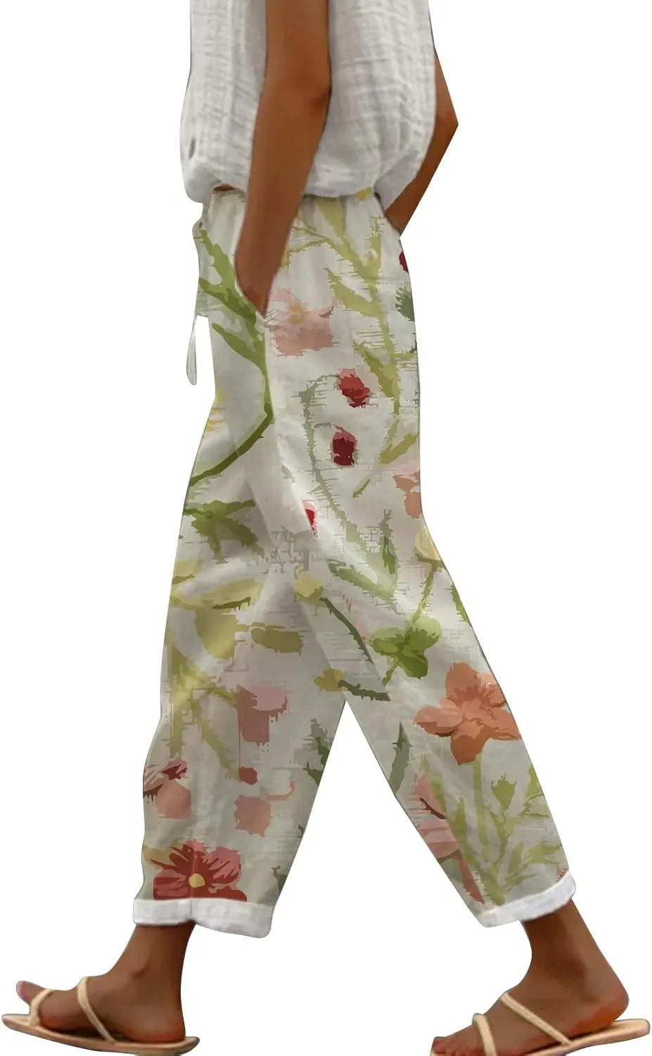 Linen Cotton Pants for Women Trendy Straight Elastic Long Drawstring Waist Casual Slit Plus Size Trousers with Pocket