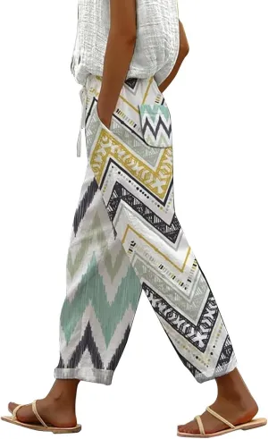 Linen Cotton Pants for Women Trendy Straight Elastic Long Drawstring Waist Casual Slit Plus Size Trousers with Pocket