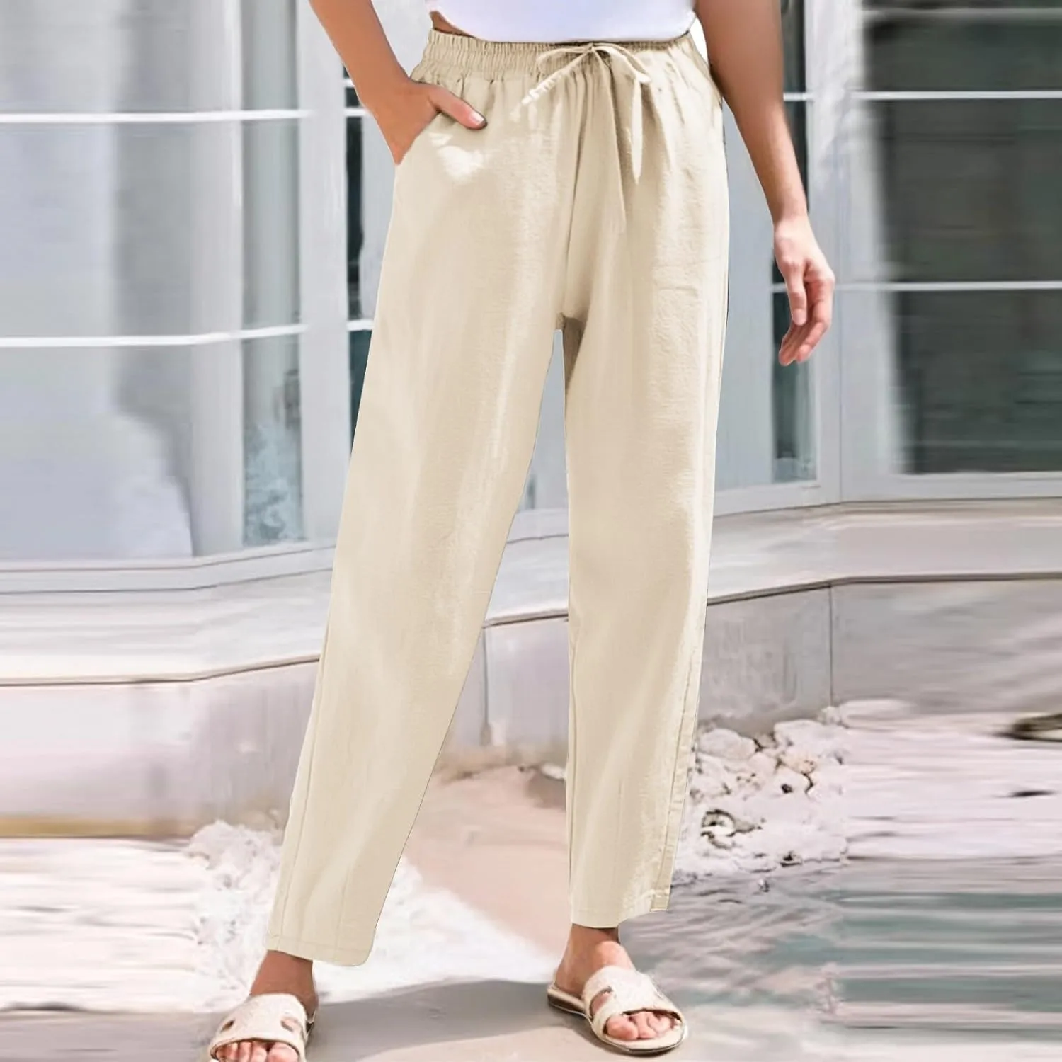 Linen Cotton Yoga Pants for Women Straight Leg Summer, Wide Leg Pants Woman Dressy Lounge High Waisted Trousers