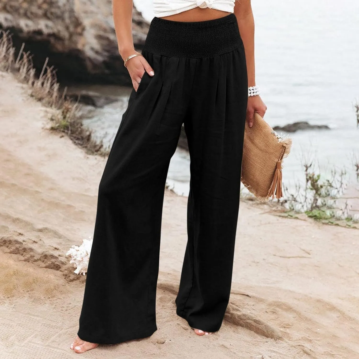 Linen Palazzo Pants Women 2025 Wide Leg Long Lounge Pant Summer High Waisted Loose Cotton Trousers with Pockets