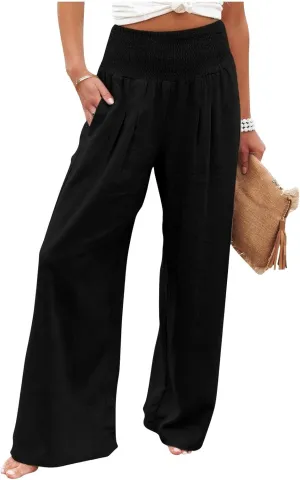Linen Palazzo Pants Women 2025 Wide Leg Long Lounge Pant Summer High Waisted Loose Cotton Trousers with Pockets