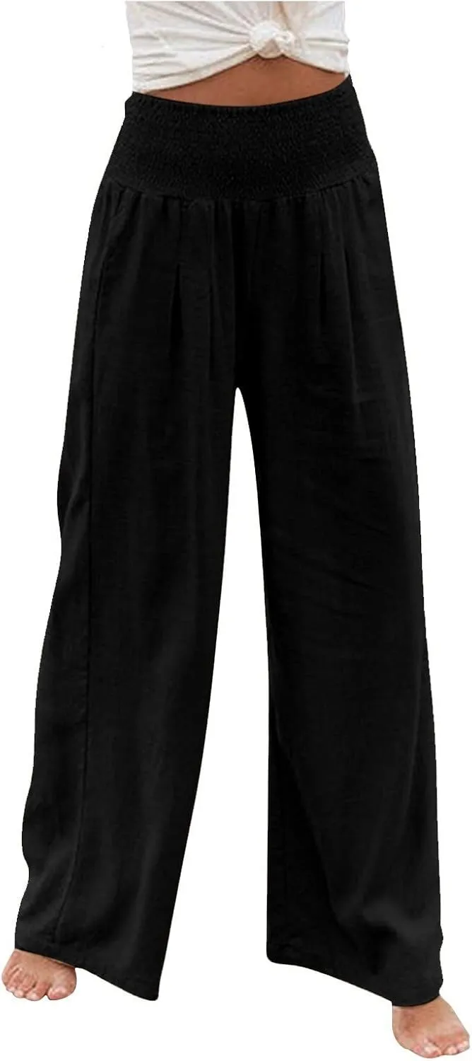 Linen Palazzo Pants Women 2025 Wide Leg Long Lounge Pant Summer High Waisted Loose Cotton Trousers with Pockets