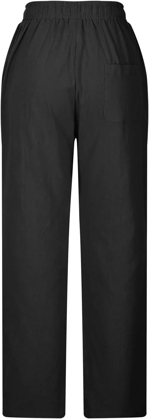 Linen Pants for Men 2023 Casual Stylish Drawstring Cotton Trousers Regular Fit Elastic Waist Solid Straight Legs