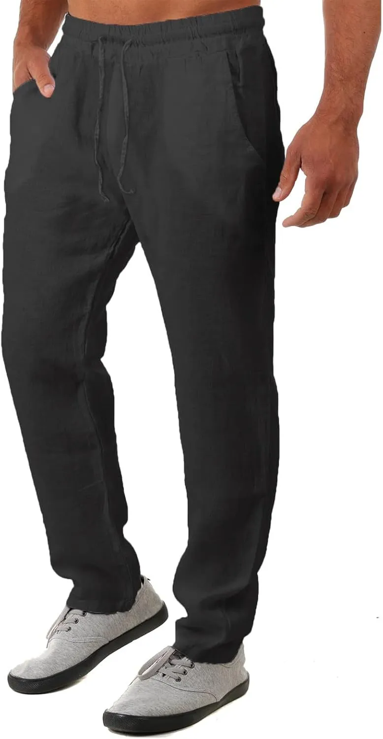 Linen Pants for Men 2023 Casual Stylish Drawstring Cotton Trousers Regular Fit Elastic Waist Solid Straight Legs