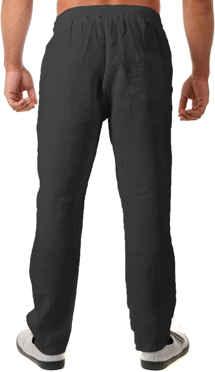 Linen Pants for Men 2023 Casual Stylish Drawstring Cotton Trousers Regular Fit Elastic Waist Solid Straight Legs