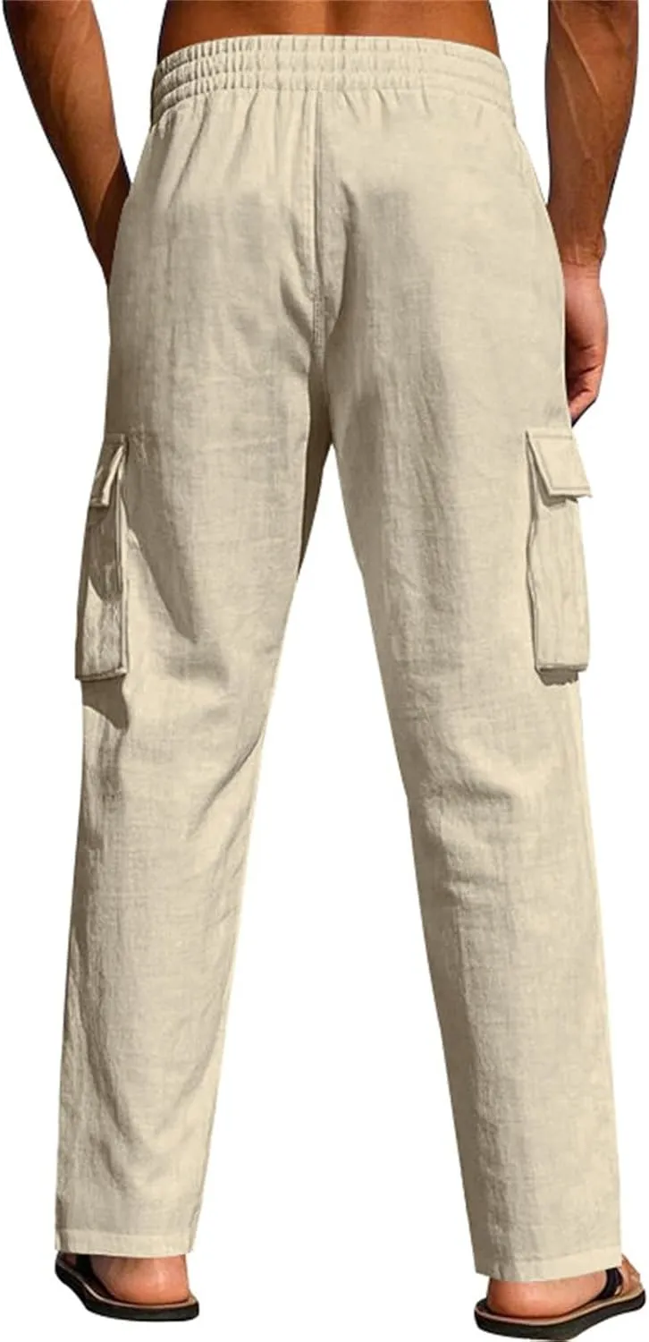 Linen Pants for Men Summer Beach Pants Lightweight Casual Plain Elastic Waist Drawstring Trousers Vacation Slacks