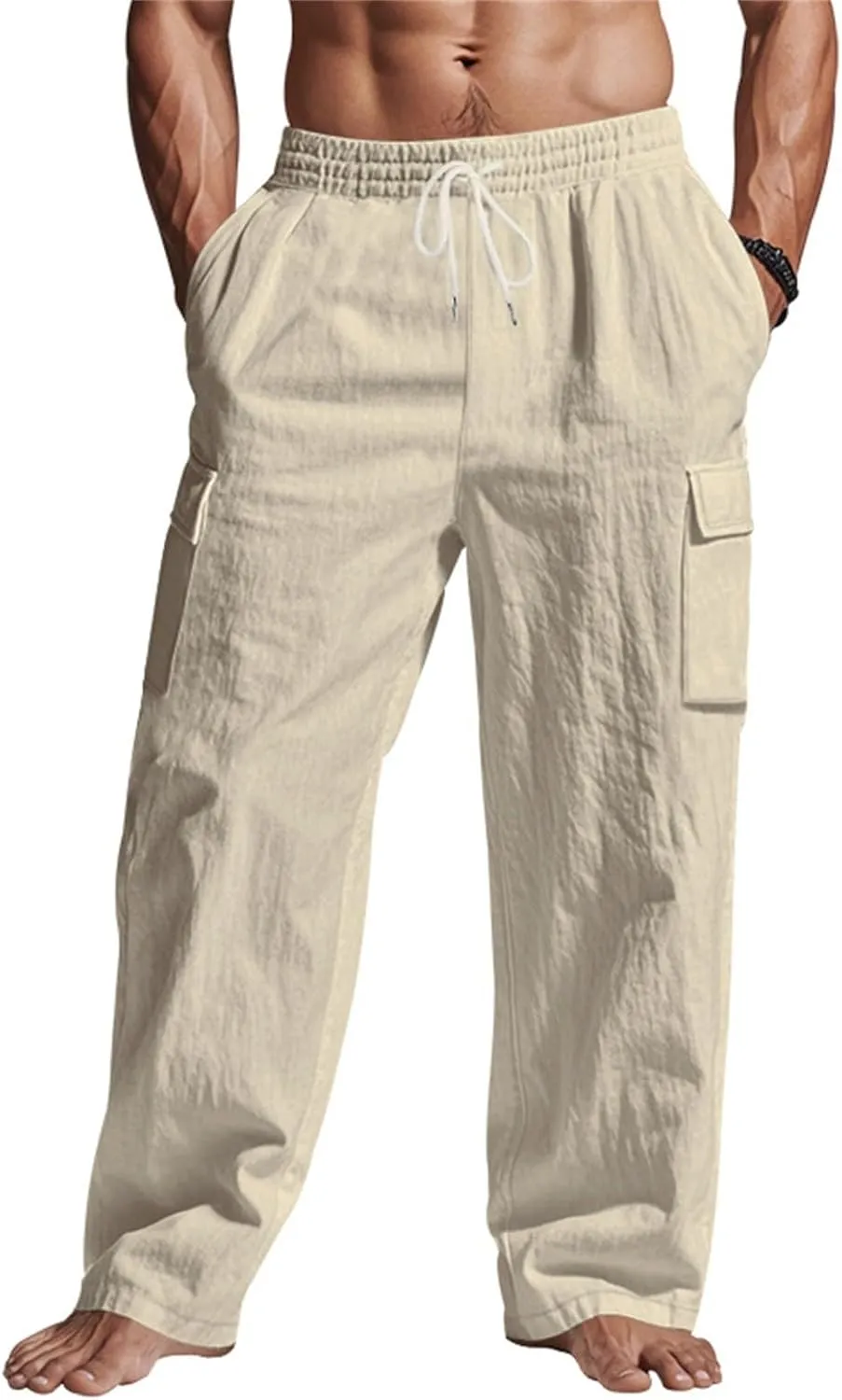 Linen Pants for Men Summer Beach Pants Lightweight Casual Plain Elastic Waist Drawstring Trousers Vacation Slacks