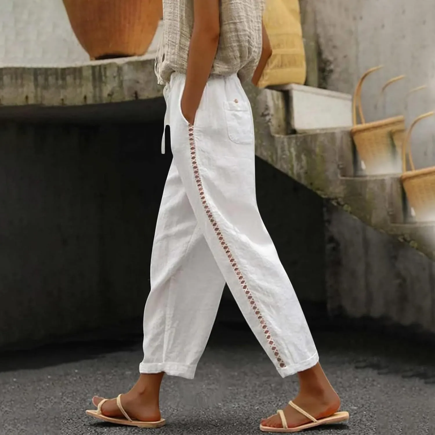 Linen Pants for Women 2025 Spring Summer High Waisted Elastic Drawstring Capri Pants Vacation Beach Trousers Joggers