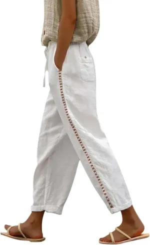 Linen Pants for Women 2025 Spring Summer High Waisted Elastic Drawstring Capri Pants Vacation Beach Trousers Joggers