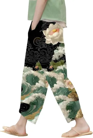 Linen Pants for Women 2025 Summer High Waist Elastic Straight Leg Lounge Capri Rainbow Print Loose Beach Trousers