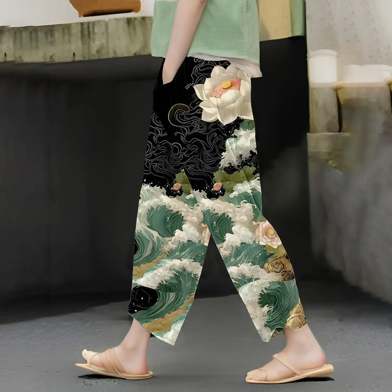 Linen Pants for Women 2025 Summer High Waist Elastic Straight Leg Lounge Capri Rainbow Print Loose Beach Trousers