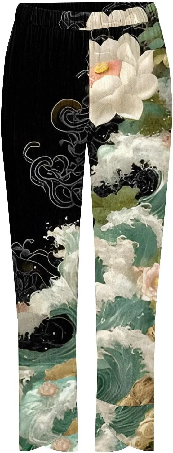Linen Pants for Women 2025 Summer High Waist Elastic Straight Leg Lounge Capri Rainbow Print Loose Beach Trousers