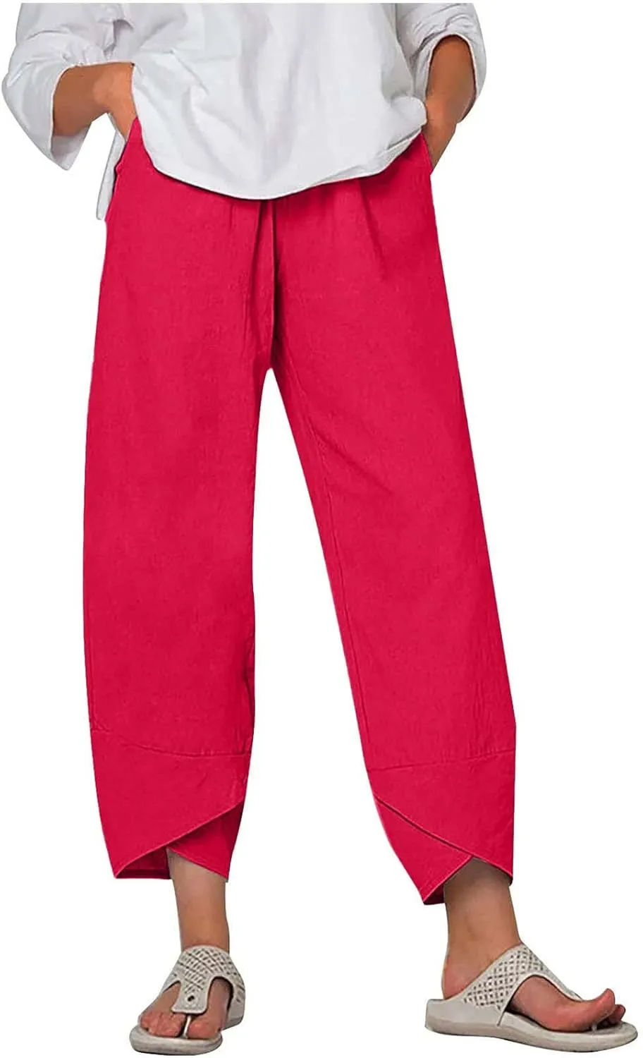 Linen Pants for Women Casual Summer Elastic Waist Pants Trousers with Pockets Beach Lightweight Capri Pants