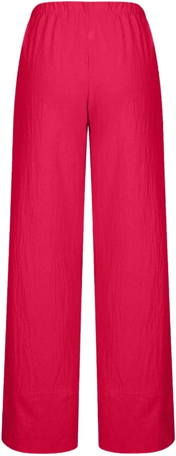 Linen Pants for Women Casual Summer Elastic Waist Pants Trousers with Pockets Beach Lightweight Capri Pants