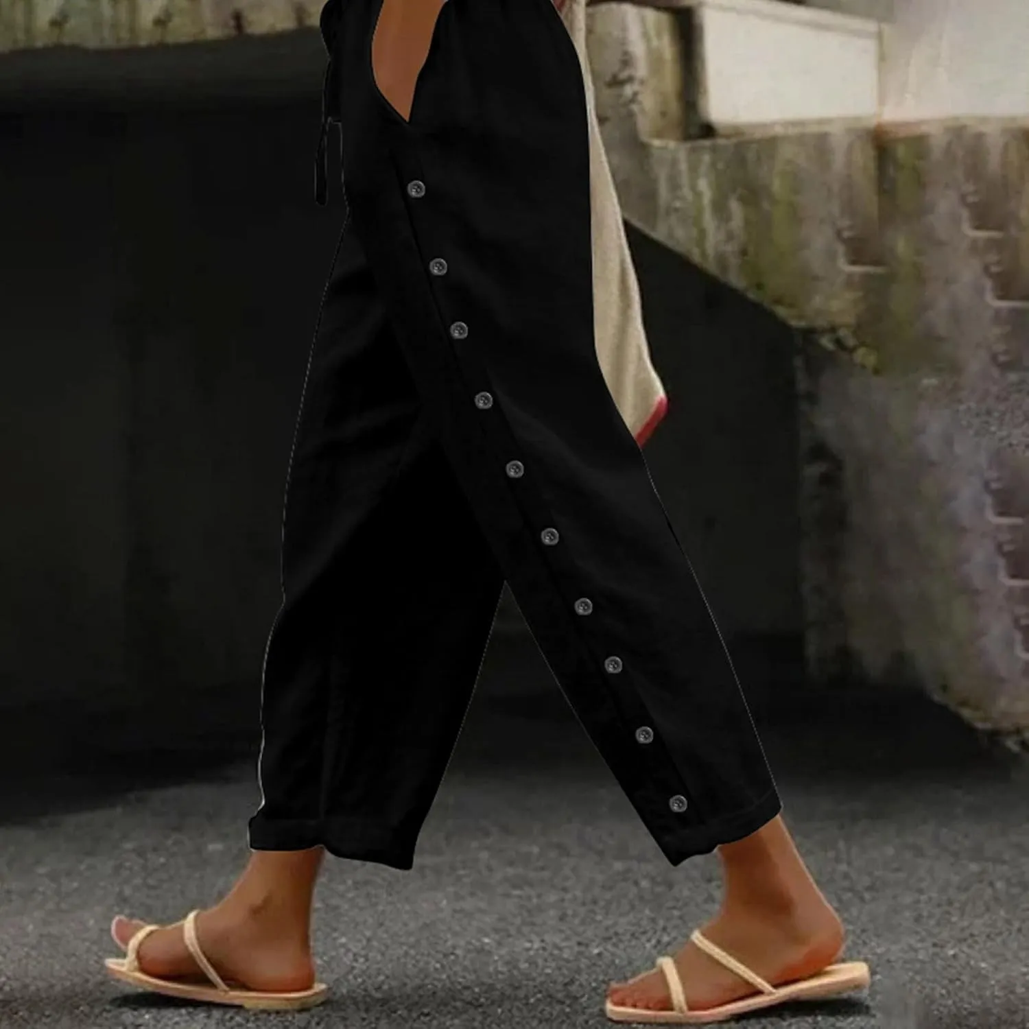 Linen Pants for Women Side Button Summer Trendy Vacation Elastic Waist Straight Leg Capris Casual Cropped Trousers