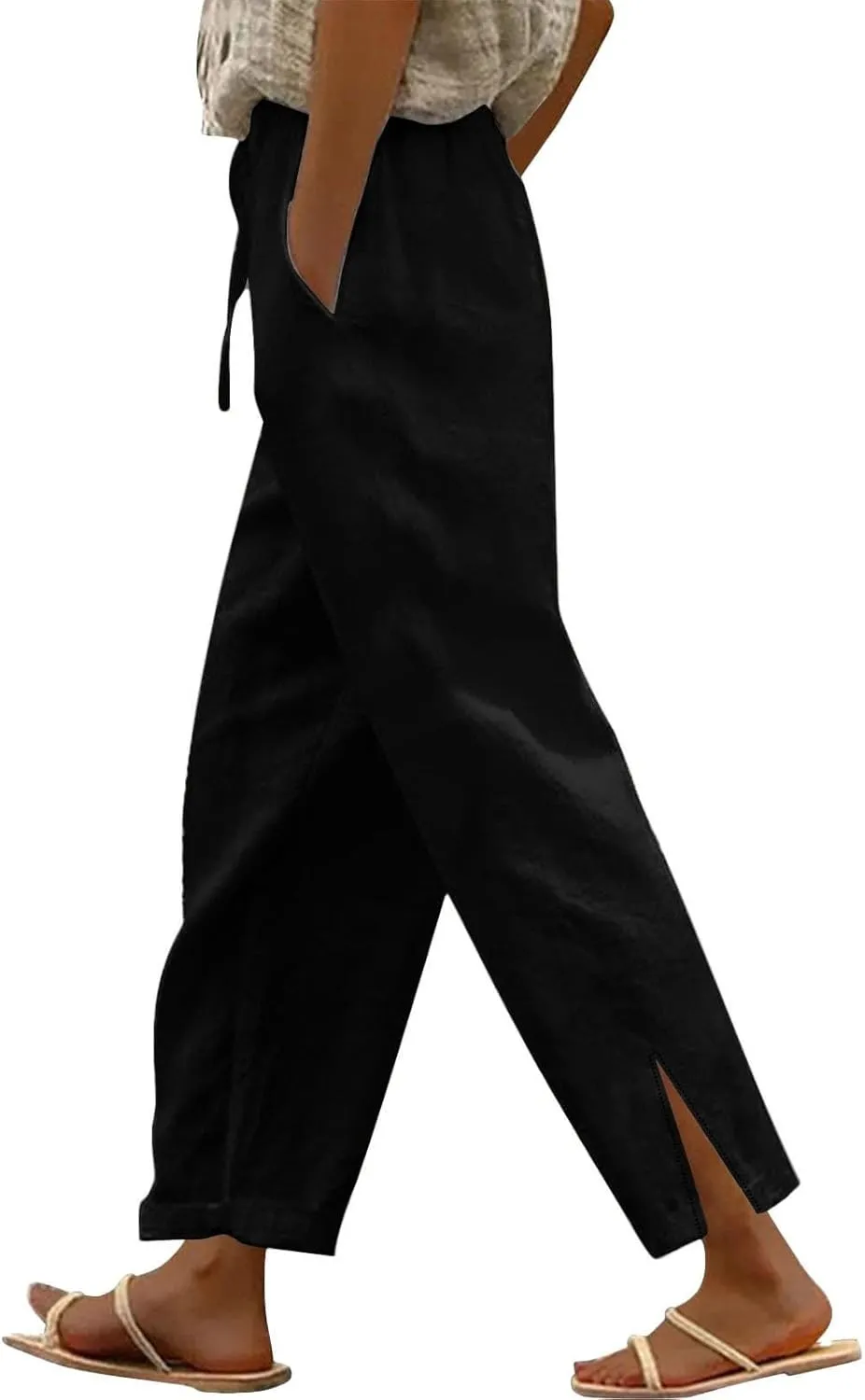 Linen Pants for Women Summer Elastic High Waist Lounge Pant Casual Lightweight Capris Trousers Straight Leg Slacks