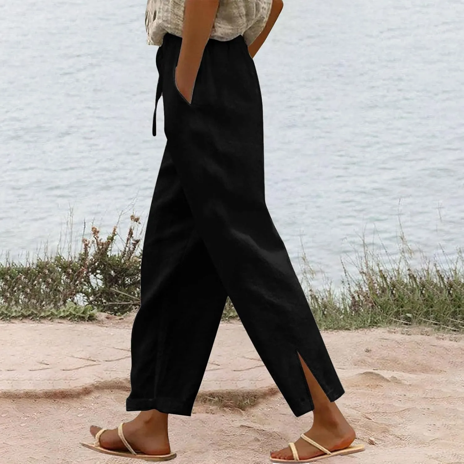 Linen Pants for Women Summer Elastic High Waist Lounge Pant Casual Lightweight Capris Trousers Straight Leg Slacks
