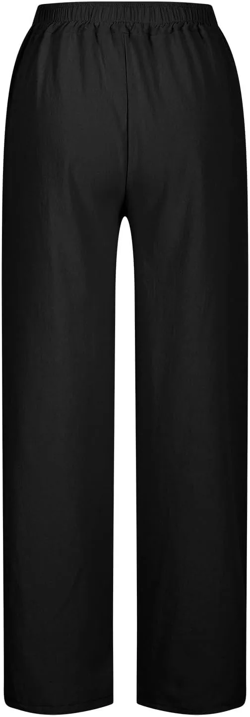 Linen Pants for Women Summer Elastic High Waist Lounge Pant Casual Lightweight Capris Trousers Straight Leg Slacks
