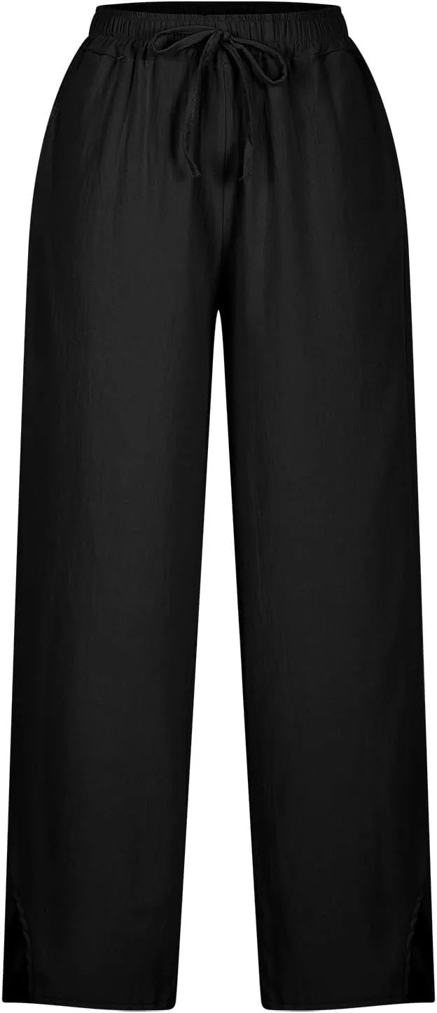 Linen Pants for Women Summer Elastic High Waist Lounge Pant Casual Lightweight Capris Trousers Straight Leg Slacks