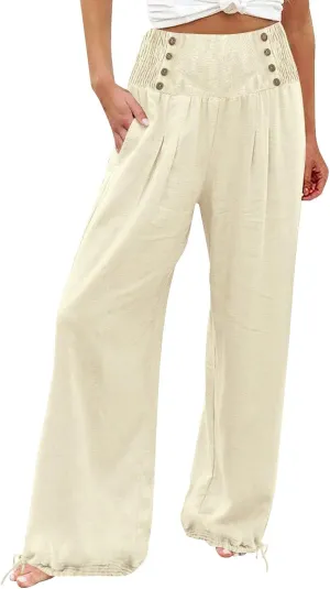 Linen Pants Petite Women Summer Spring Casual Loose Pant for Womens Petite Wide Leg Cotton Trousers Petite