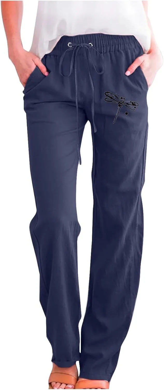 Linen Pants Women Long Straight Leg Loose Comfy Trousers High Waist Drawstring Summer Lounge Beach Soft Sweatpants
