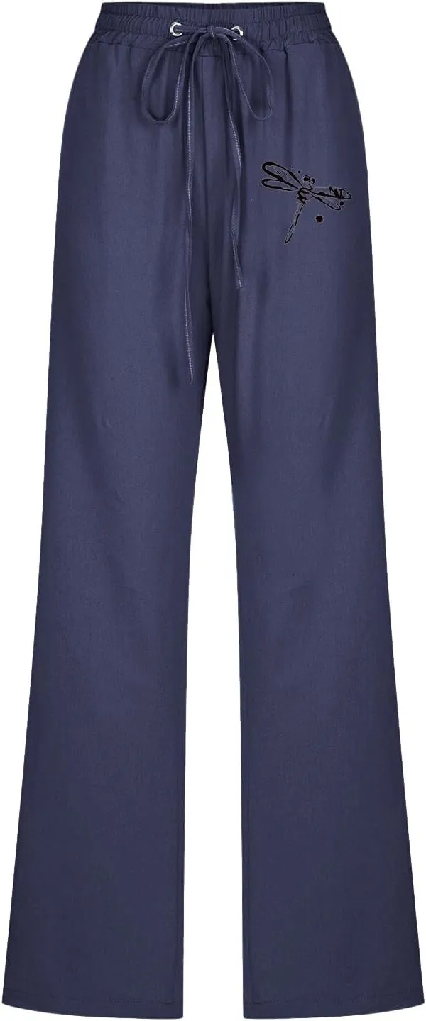 Linen Pants Women Long Straight Leg Loose Comfy Trousers High Waist Drawstring Summer Lounge Beach Soft Sweatpants