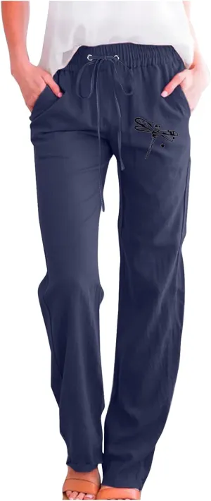 Linen Pants Women Long Straight Leg Loose Comfy Trousers High Waist Drawstring Summer Lounge Beach Soft Sweatpants