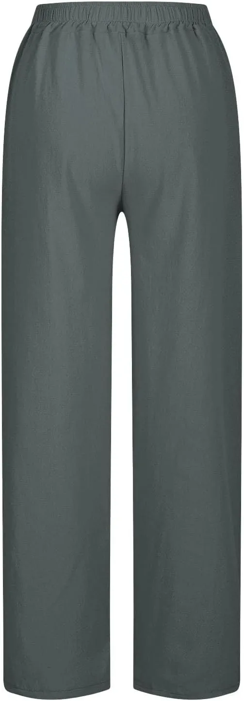 Linen Pants Women Petite 2025 Trendy Slit Wide Leg Beach Pants Casual Loose Fit Lightweight Trousers with Pockets