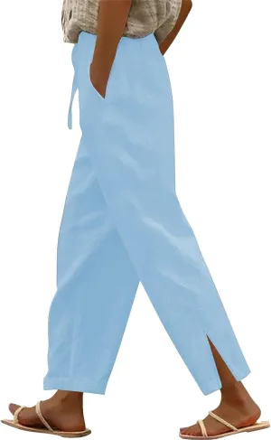 Linen Pants Women Petite 2025 Trendy Slit Wide Leg Beach Pants Casual Loose Fit Lightweight Trousers with Pockets