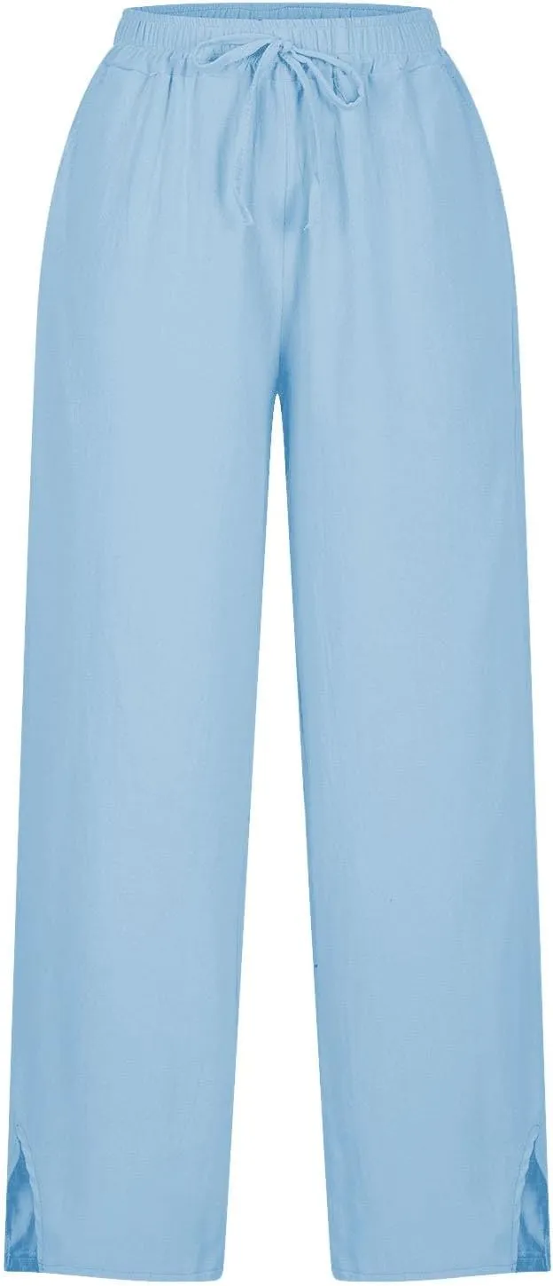 Linen Pants Women Petite 2025 Trendy Slit Wide Leg Beach Pants Casual Loose Fit Lightweight Trousers with Pockets