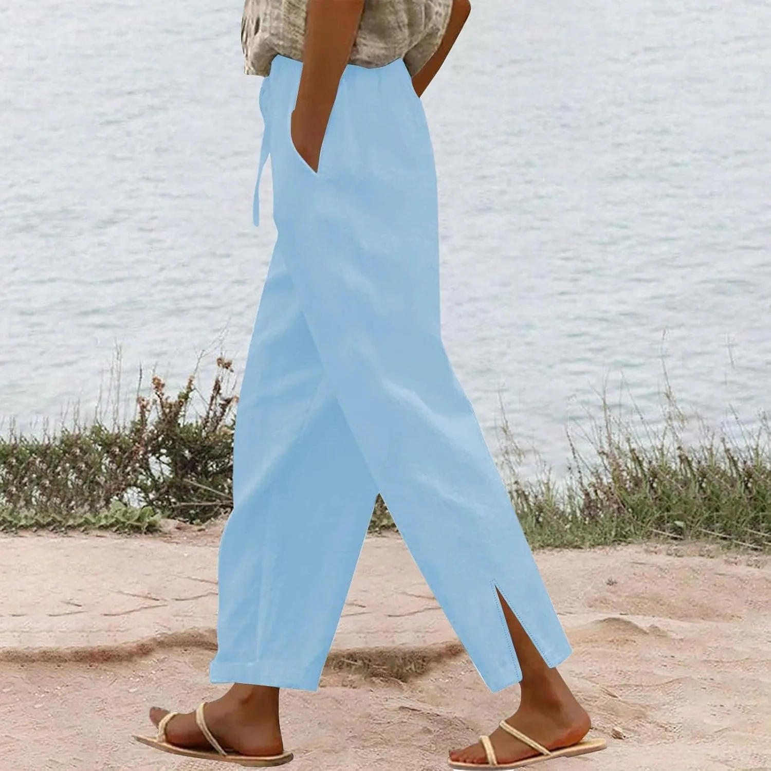 Linen Pants Women Petite 2025 Trendy Slit Wide Leg Beach Pants Casual Loose Fit Lightweight Trousers with Pockets