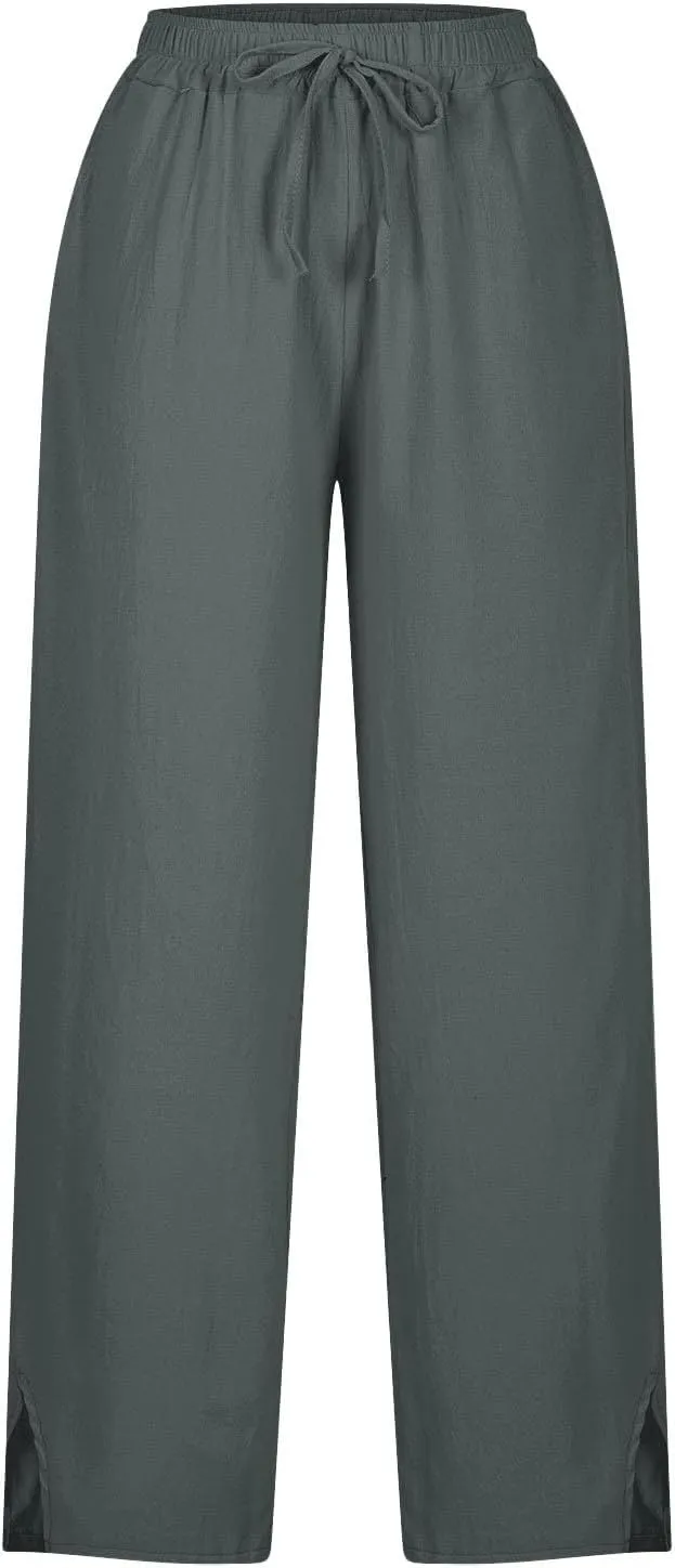 Linen Pants Women Petite 2025 Trendy Slit Wide Leg Beach Pants Casual Loose Fit Lightweight Trousers with Pockets