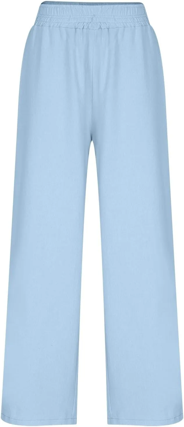 Linen Pants Women Summer Casual Loose Palazzo Flowy Slacks Elastic Waistband Wide Leg Beach Trousers with Pockets