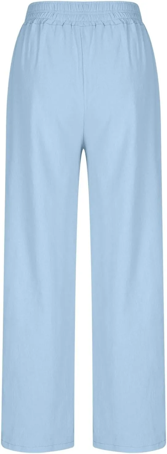 Linen Pants Women Summer Casual Loose Palazzo Flowy Slacks Elastic Waistband Wide Leg Beach Trousers with Pockets