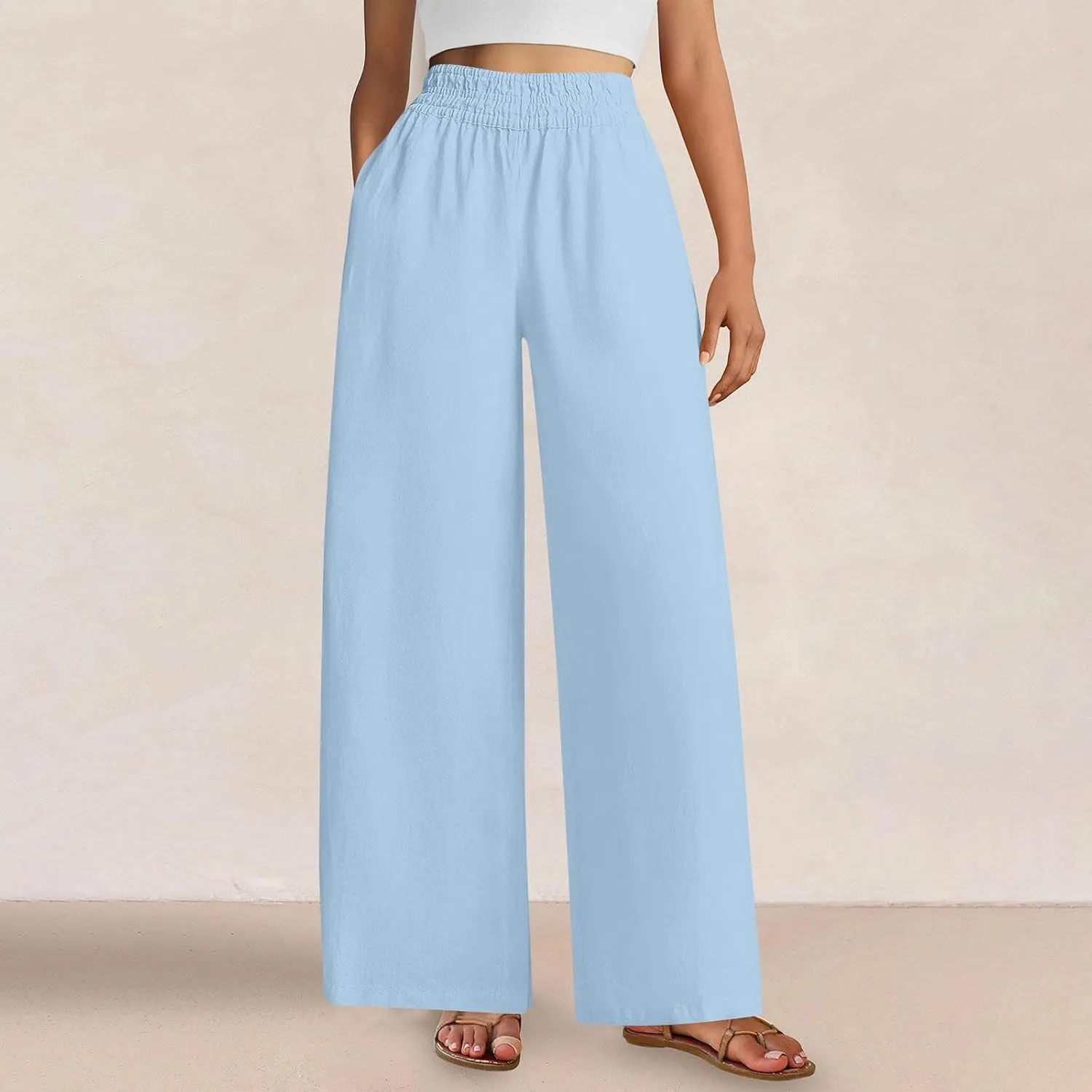 Linen Pants Women Summer Casual Loose Palazzo Flowy Slacks Elastic Waistband Wide Leg Beach Trousers with Pockets