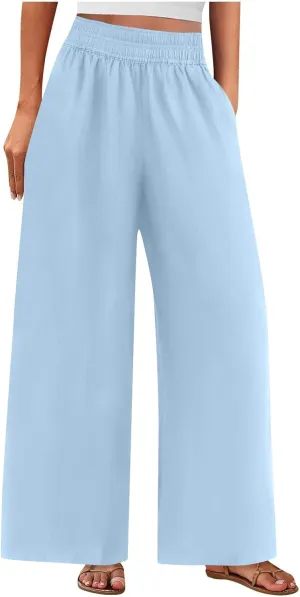 Linen Pants Women Summer Casual Loose Palazzo Flowy Slacks Elastic Waistband Wide Leg Beach Trousers with Pockets