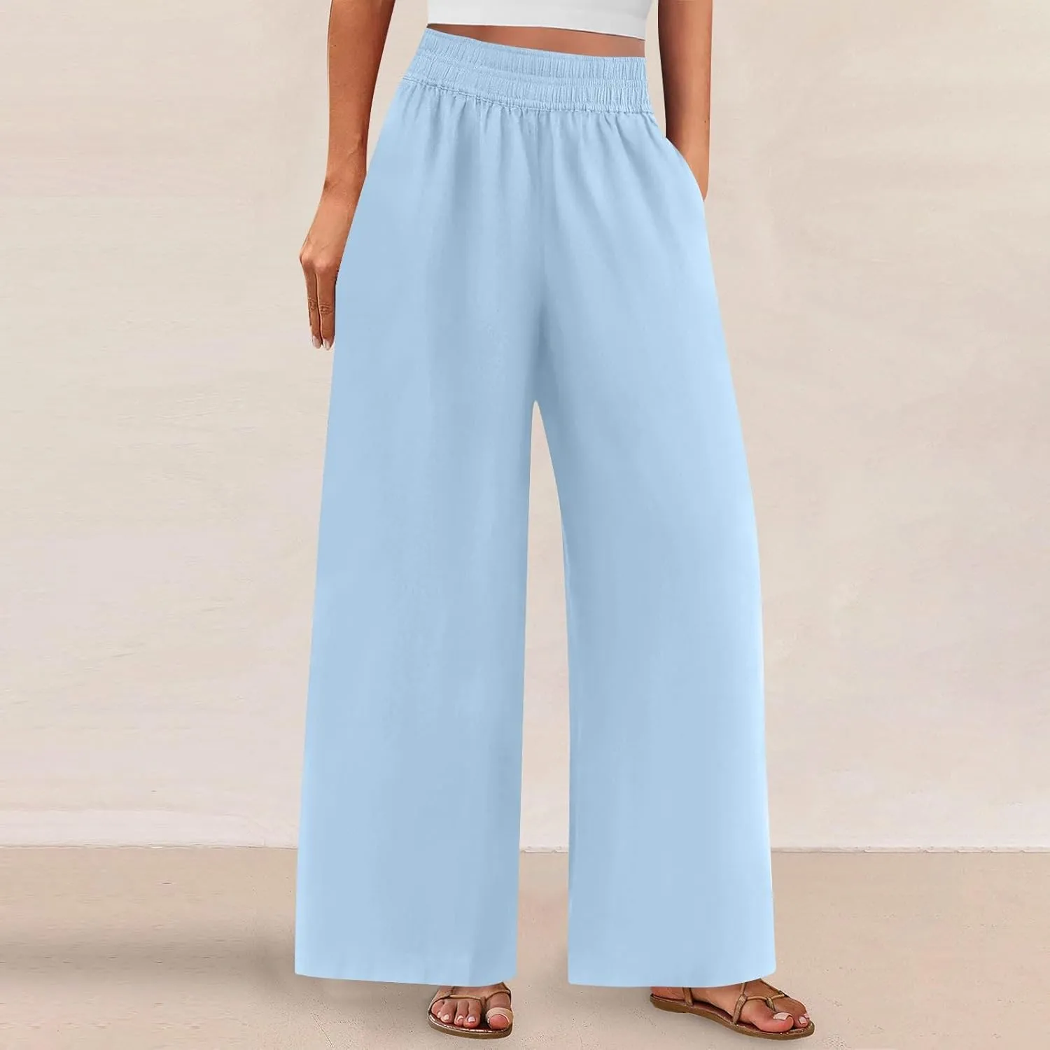Linen Pants Women Summer Casual Loose Palazzo Flowy Slacks Elastic Waistband Wide Leg Beach Trousers with Pockets