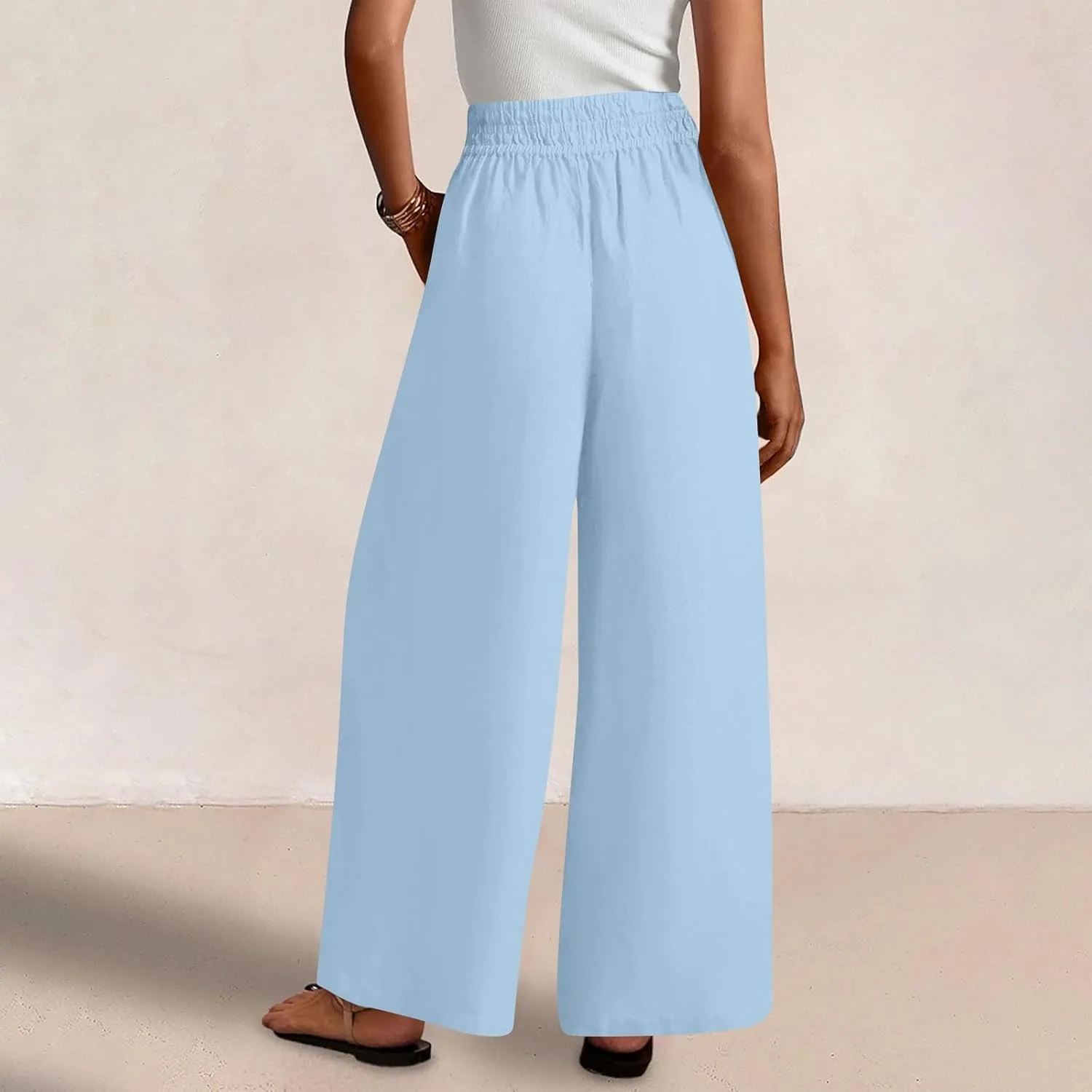 Linen Pants Women Summer Casual Loose Palazzo Flowy Slacks Elastic Waistband Wide Leg Beach Trousers with Pockets