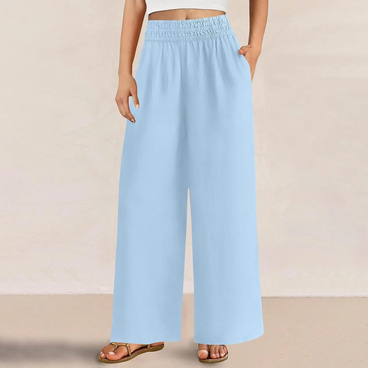 Linen Pants Women Summer Casual Loose Palazzo Flowy Slacks Elastic Waistband Wide Leg Beach Trousers with Pockets
