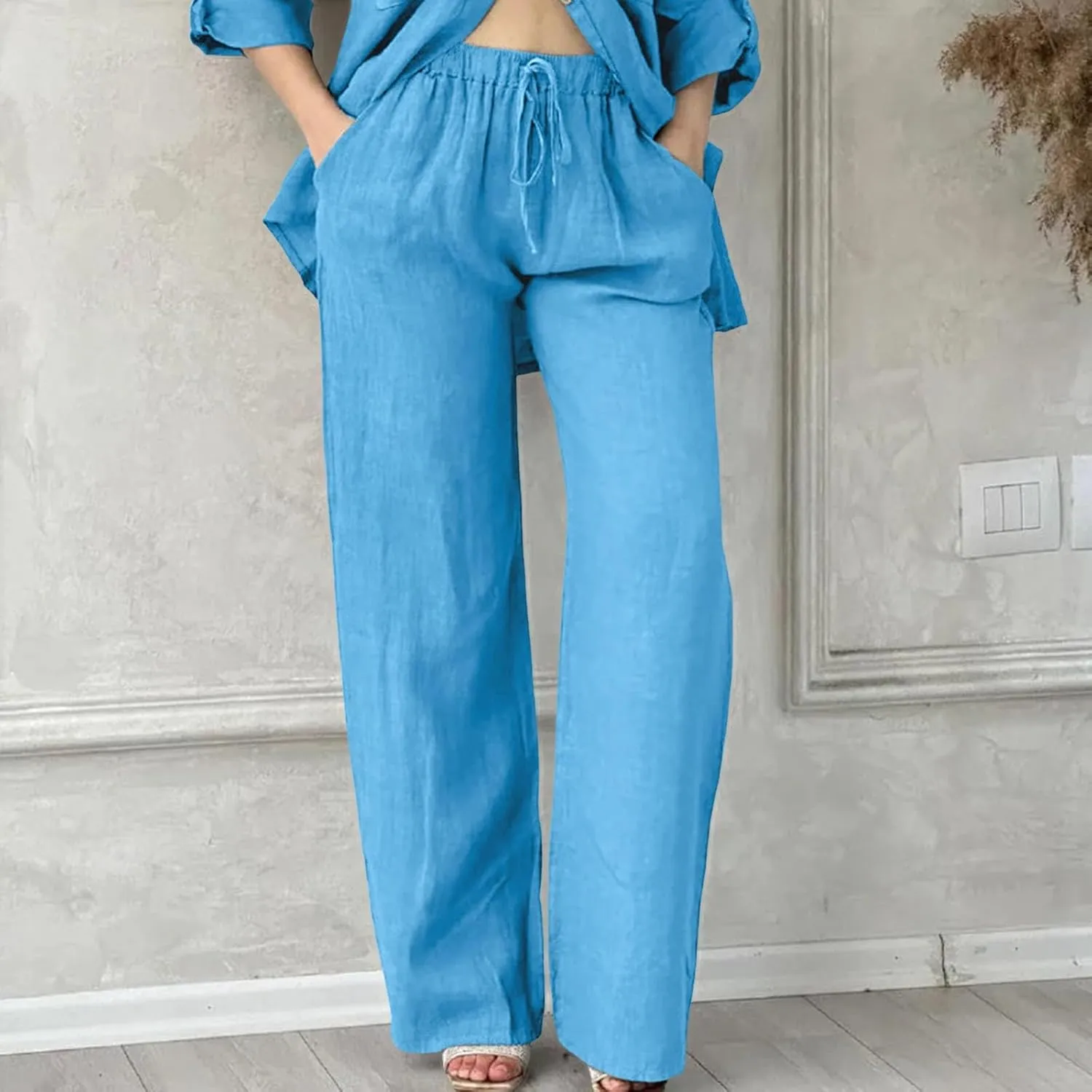 Linen Pants Women Summer Straight Leg Drawstring Elastic Waist High Waisted Wide Leg Pants Lounge Beach Trousers