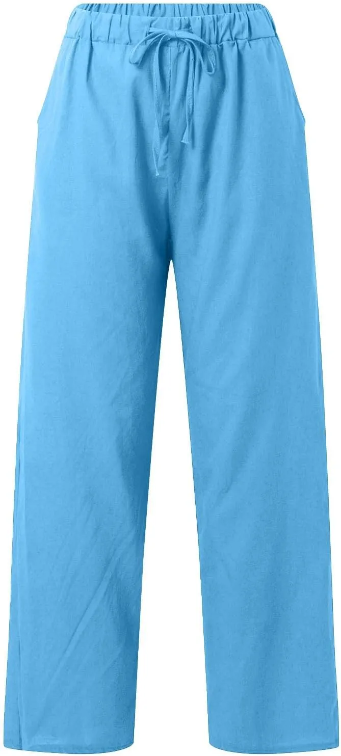 Linen Pants Women Summer Straight Leg Drawstring Elastic Waist High Waisted Wide Leg Pants Lounge Beach Trousers