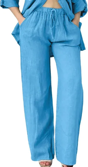 Linen Pants Women Summer Straight Leg Drawstring Elastic Waist High Waisted Wide Leg Pants Lounge Beach Trousers