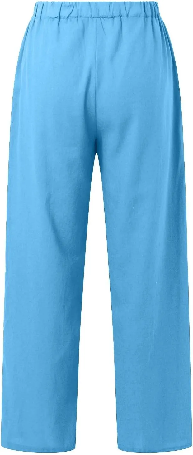 Linen Pants Women Summer Straight Leg Drawstring Elastic Waist High Waisted Wide Leg Pants Lounge Beach Trousers