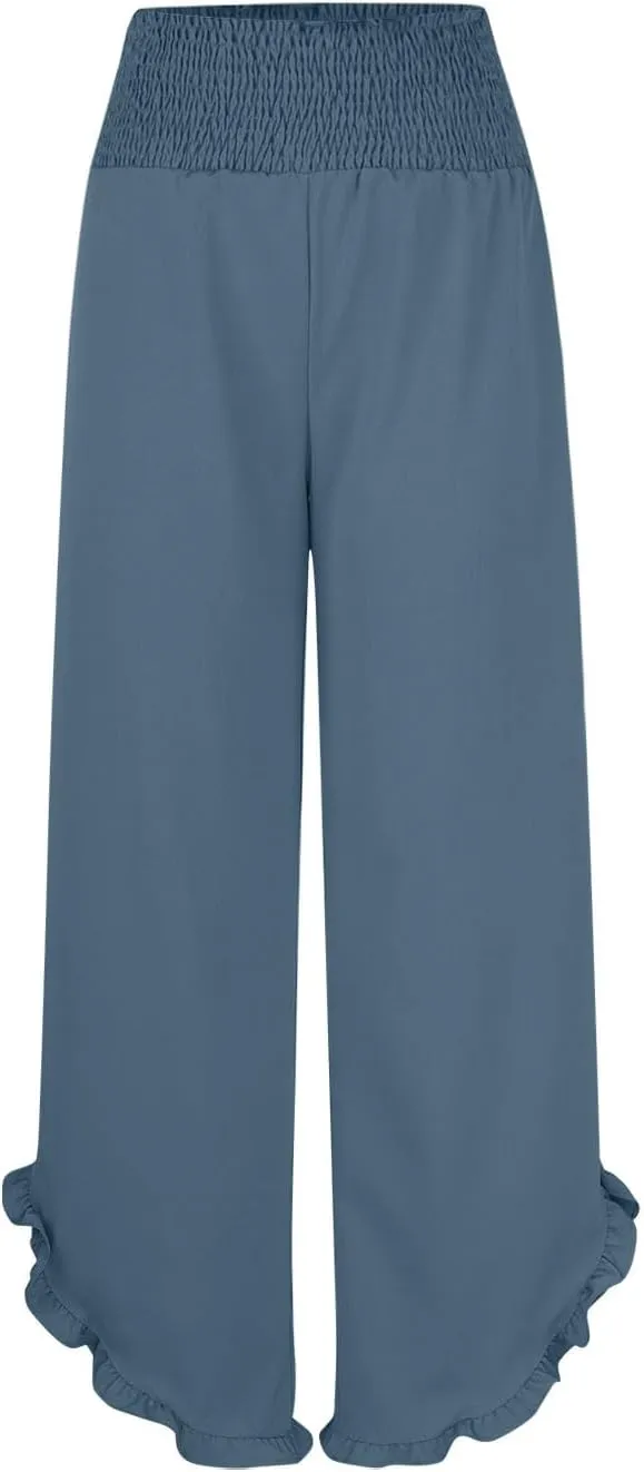 Linen Pants Women Wide Leg Palazzo Pants Elastic High Waisted Trousers Summer Beach Bottoms Loose Fit Casual Pant