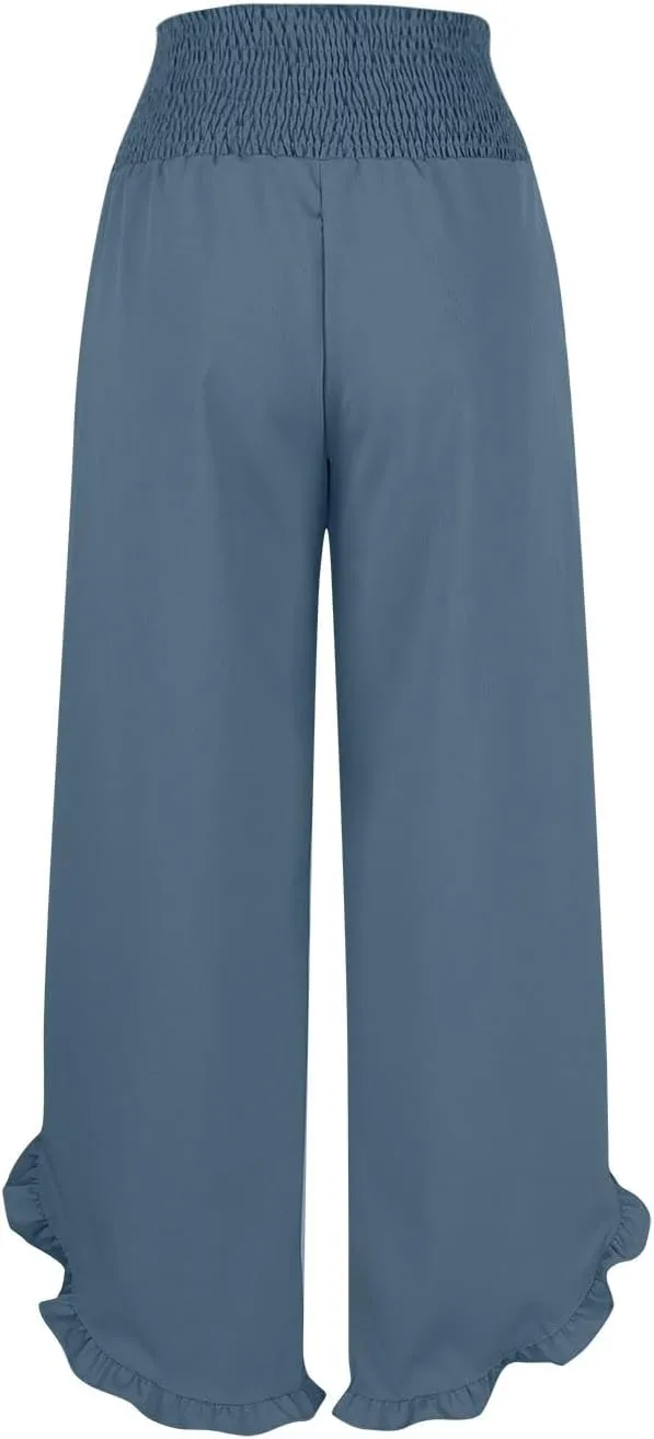 Linen Pants Women Wide Leg Palazzo Pants Elastic High Waisted Trousers Summer Beach Bottoms Loose Fit Casual Pant