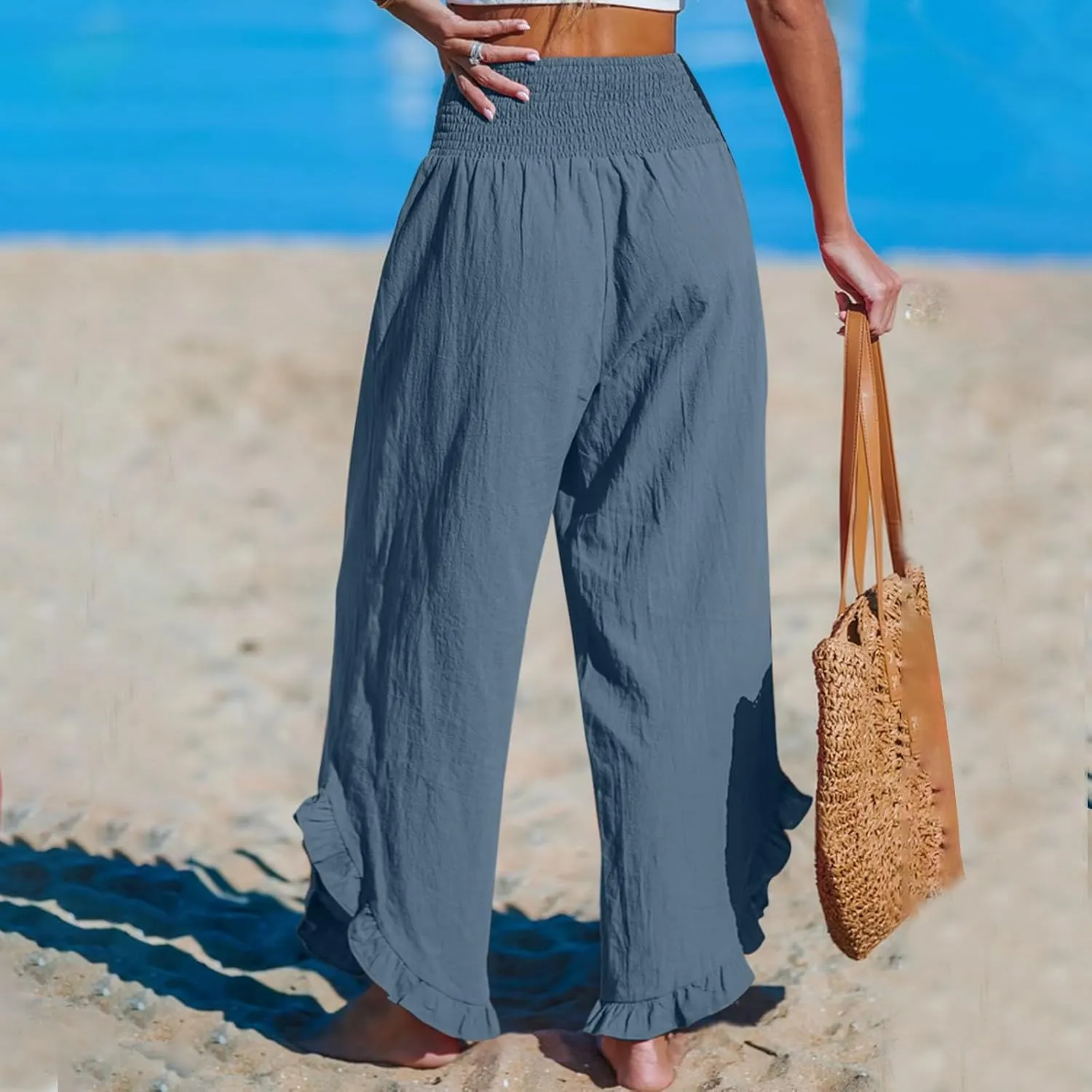 Linen Pants Women Wide Leg Palazzo Pants Elastic High Waisted Trousers Summer Beach Bottoms Loose Fit Casual Pant
