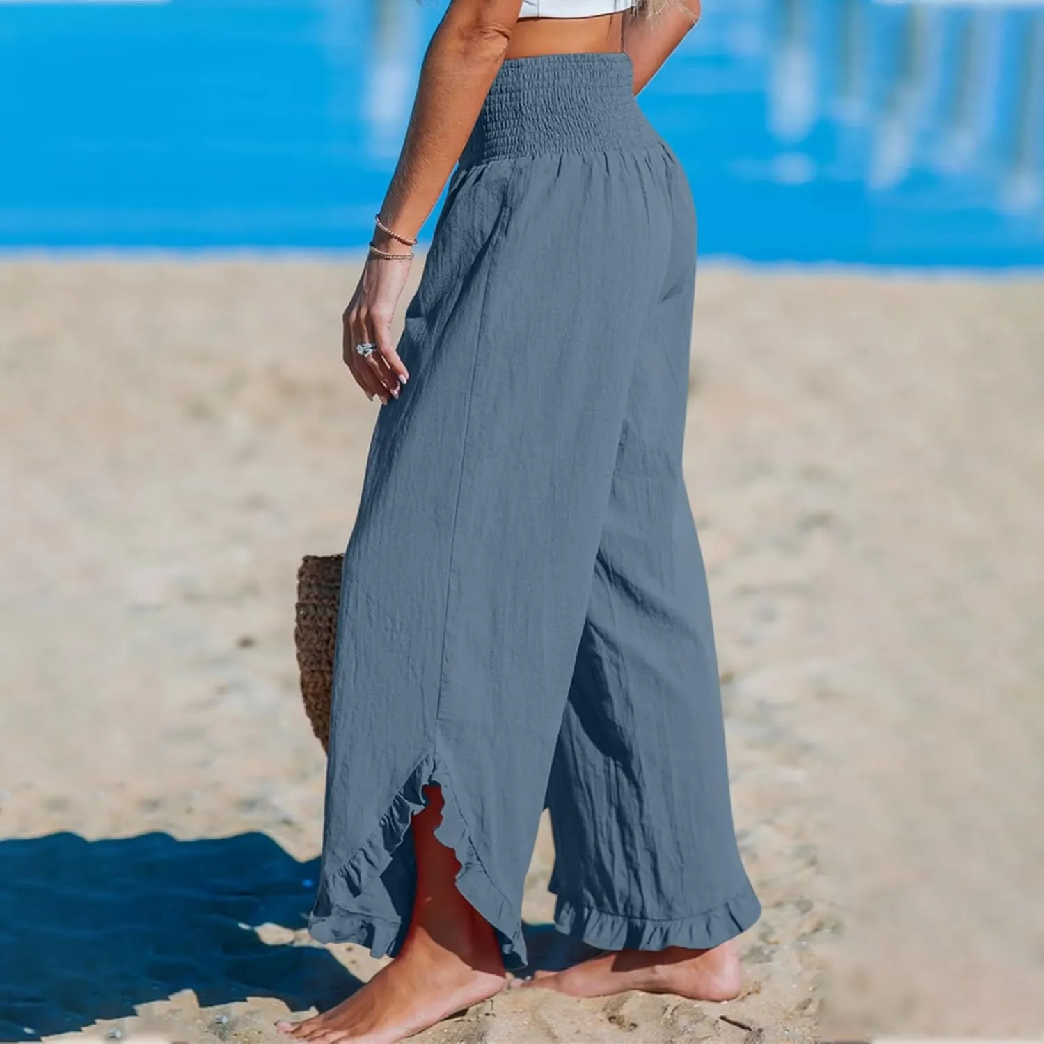 Linen Pants Women Wide Leg Palazzo Pants Elastic High Waisted Trousers Summer Beach Bottoms Loose Fit Casual Pant